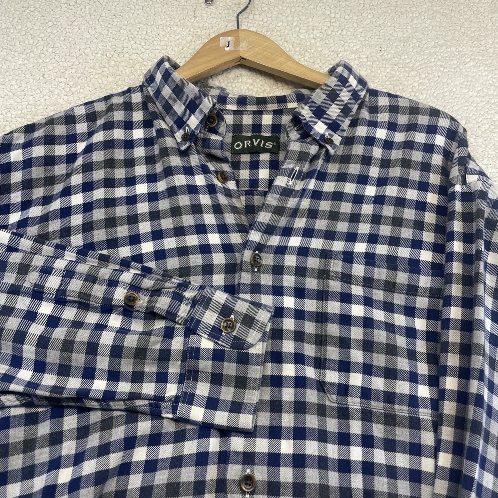 Orvis Button Down Mens XXL Blue Gingham Plaid Flannel Shirt‎ Long Sleeve Cotton